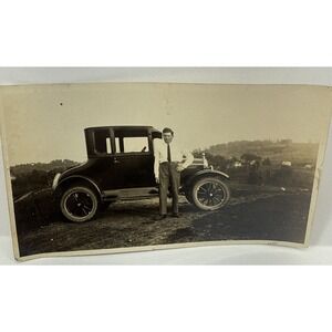 Vintage 1920s Man with Early Coupe Car Photo Antique Snapshot Original 3x5